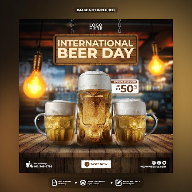 PSD modello di post sui social media per la giornata internazionale della birra