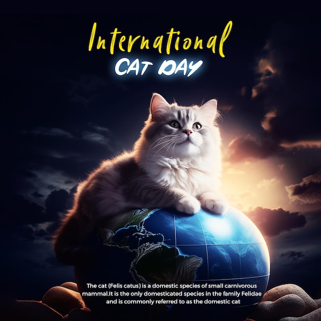 PSD international cat day poster template cat on planet