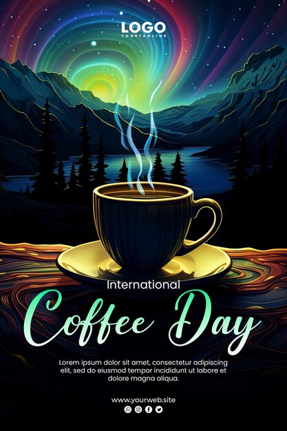 PSD international coffe day background and poster design aurora borealis rising from a cup of coffee