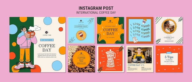 PSD raccolta di post instagram per la giornata internazionale del caffè