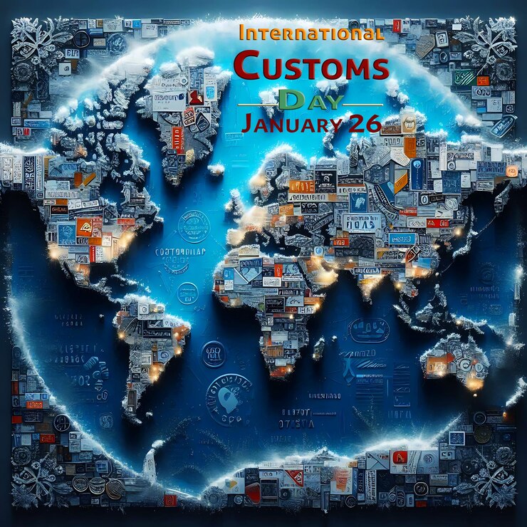 PSD international customs day template design with globe and map on 26 january