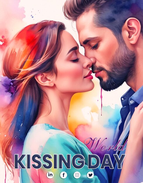 PSD international day of kissing with romantic couple kissing together and watercolor background