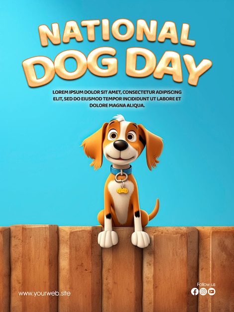 PSD international dog day greeting social media poster with cute dog cartoon background