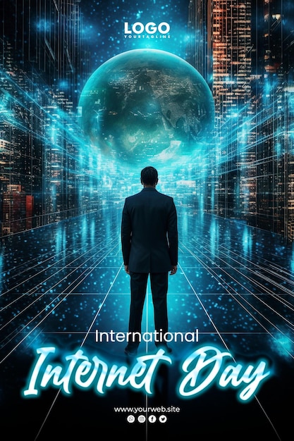 PSD international internet day background and internet poster technology network data connection network