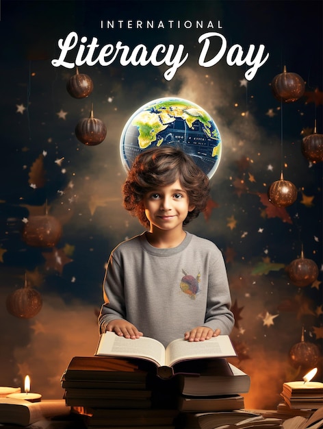 PSD international literacy day poster template with kid holding book background