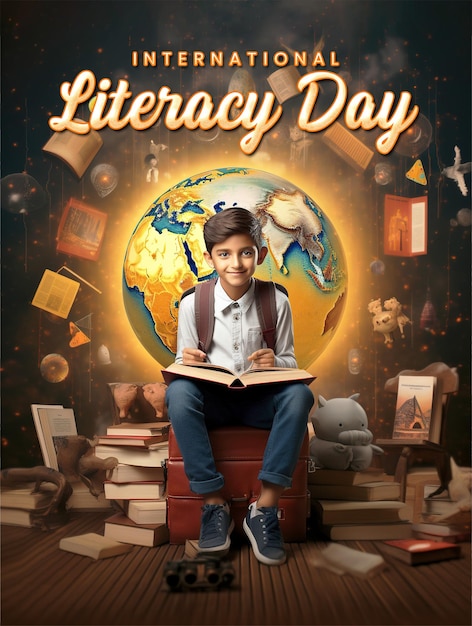 International literacy day poster template with kid holding book background