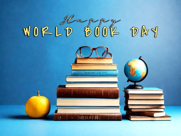 PSD international literacy day poster with stack of books on blue background