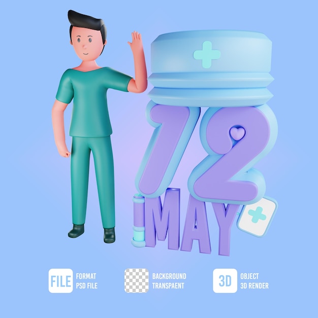 Международный день медсестер с трехмерной иллюстрацией медсестры-мужчины, машущей рукой в позе
