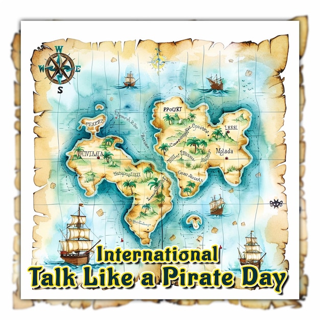 International talk like a pirate day with cartoon captain hook on the island pirate hat map
