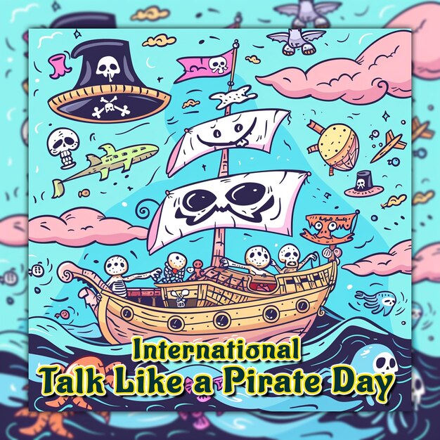 Parla come una giornata di pirati con i cartoni animati del capitano gancio sulla mappa dell'isola cappello pirata