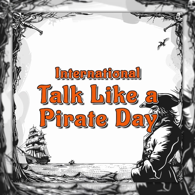 PSD international talk like a pirate day with cartoon captain hook on the island pirate hat map