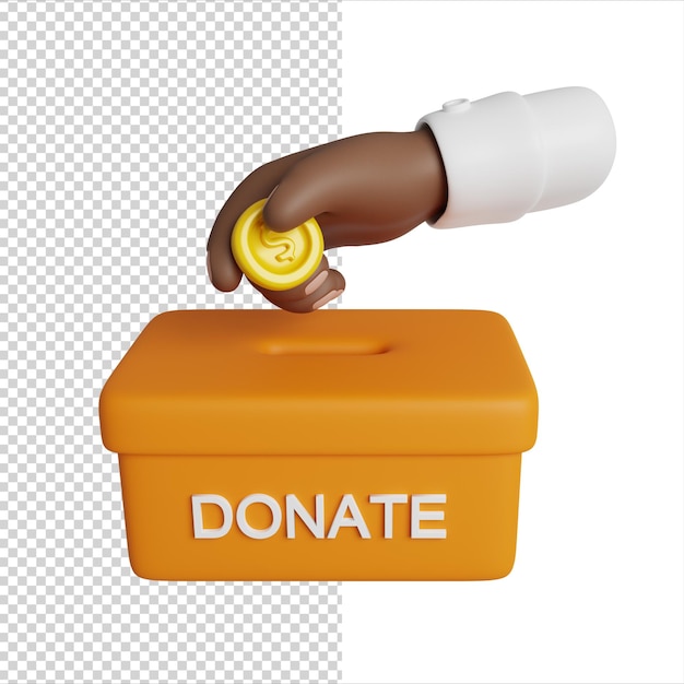 PSD international volunteer day hand putting coin in donate box financial support 3d render icon