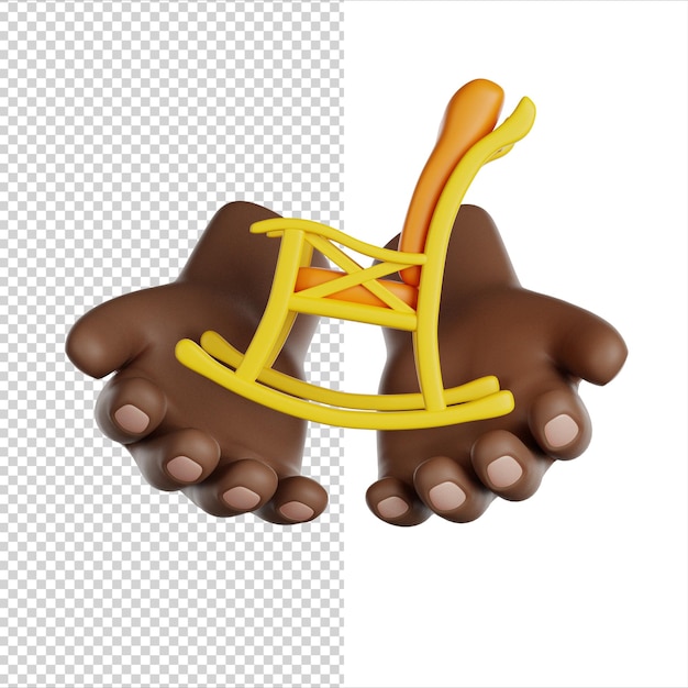 International Volunteer Day Hands hold rocking chair Take care of seniors people 3D render icon