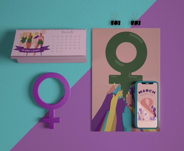 PSD international women's day calendar with mock-up