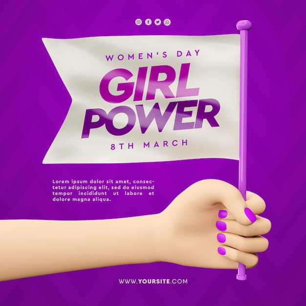 PSD international womens day banner 3d render hands cartoon 8 march girl power feminism