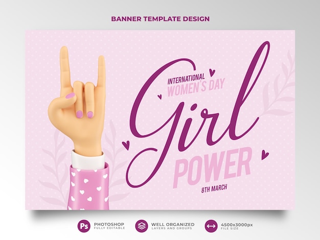 PSD banner per la giornata internazionale della donna rendering 3d mani cartone animato 8 marzo potere femminile femminismo