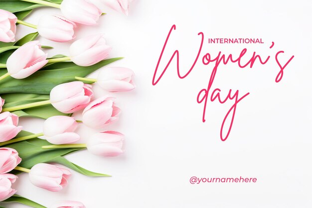 International womens day banner template with beautiful tulips white and pink on white background