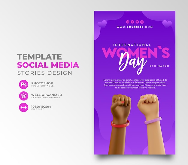 PSD international womens day post social media 3d render hand cartoon