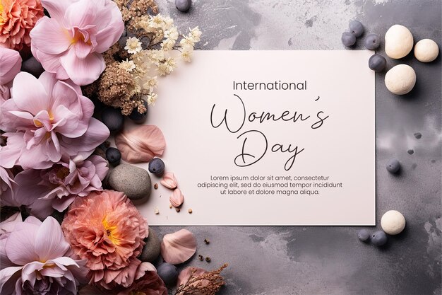 PSD Международный женский день плакат шаблон с пригласительной карточкой с цветочным украшением flatlay.