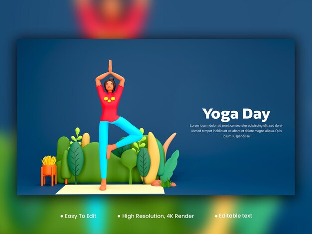 PSD international yoga day banner design met 3d cartoon vrouw die vrikshasana pose en uitzicht op de natuur op blauwe achtergrond beoefent