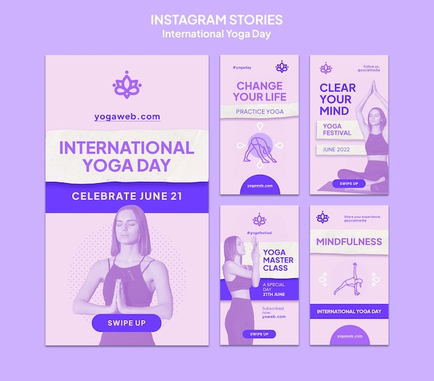 Raccolta di storie di instagram della giornata internazionale dello yoga con persone che praticano yoga