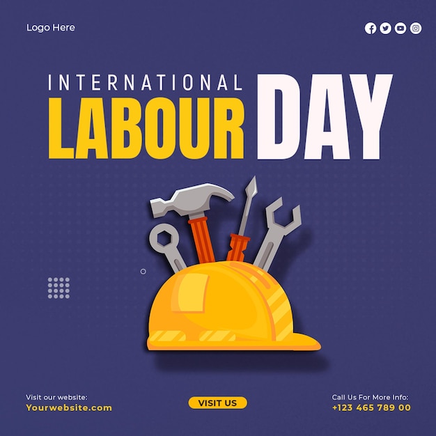 Internationale dag van de arbeid met helmbeveiliging en tools postsjabloon voor sociale media