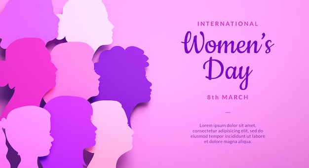 Internationale Vrouwendag 39-banner met silhouetten van gezichten van vrouwen39 in papiersnijstijl en kopieerruimte