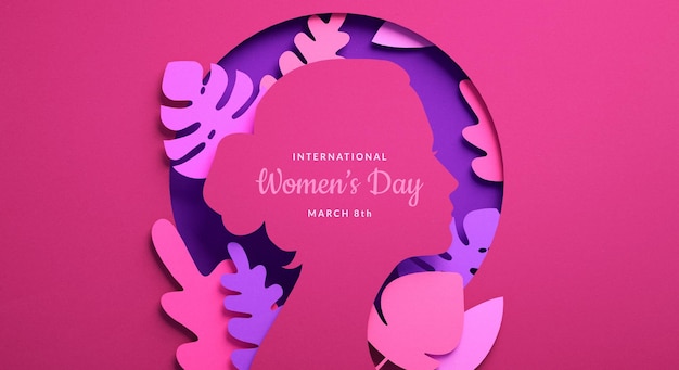 Internationale Vrouwendagbanner met vrouwensilhouet en bloemenornamenten in papierstijl