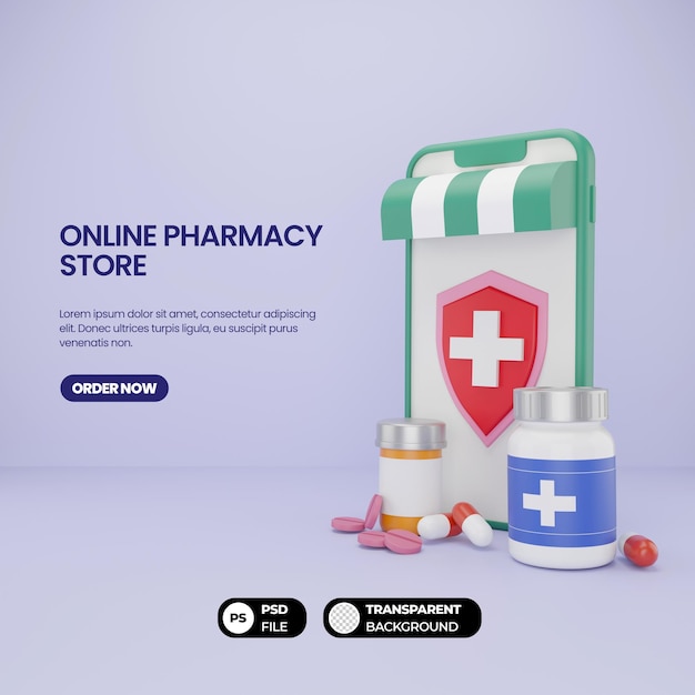Internetowy sklep farmaceutyczny 3D z tabletkami i zamówieniem za pomocą smartfona