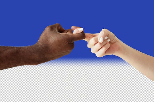 Interracial human hands crossing fingers for friendship and love peace and unity against racism