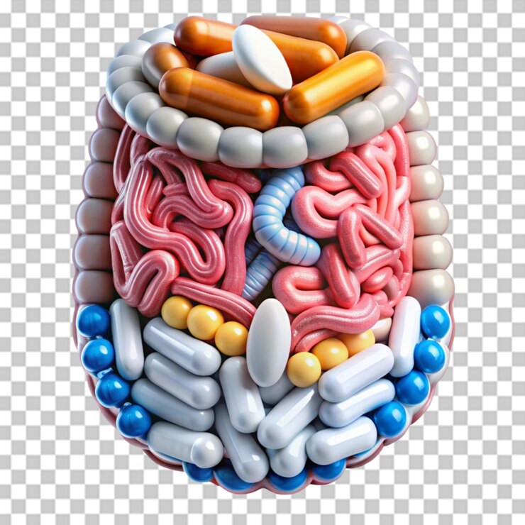 PSD intestines and pills probiotics antibiotics guts on transparent background