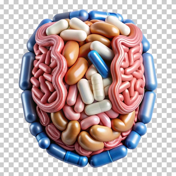 PSD intestines and pills probiotics antibiotics guts on transparent background