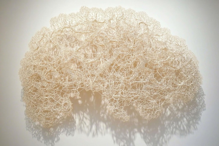 PSD intricate beige organic lacelike textile artwork on white background