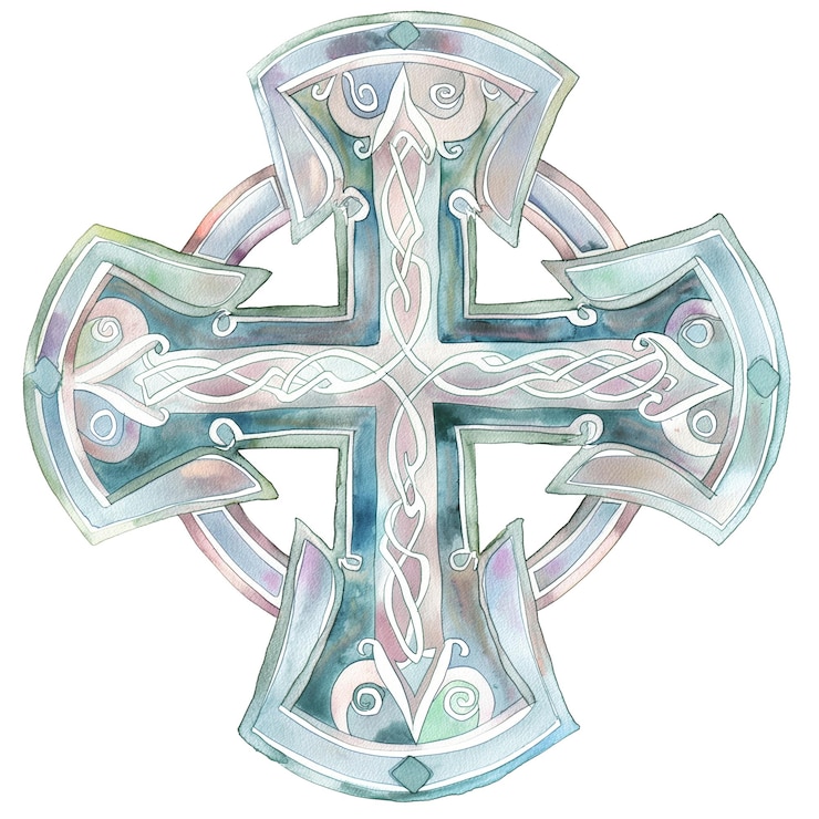PSD intricate celtic cross watercolor illustration with detailed knotwork design