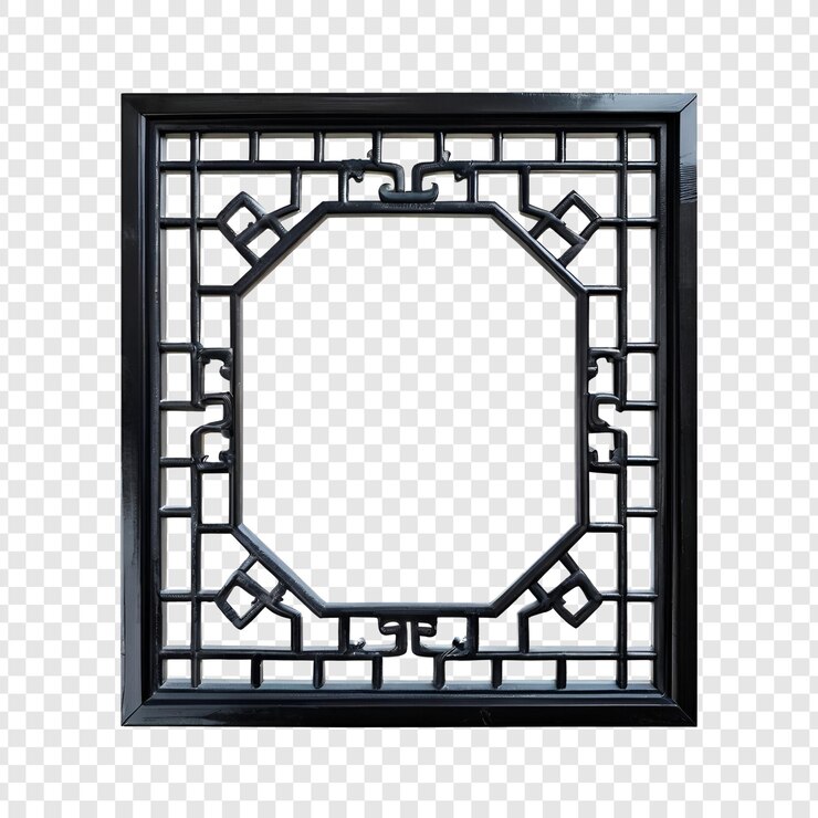 PSD intricate chinese wooden window lattice panel design element isolated on transparent