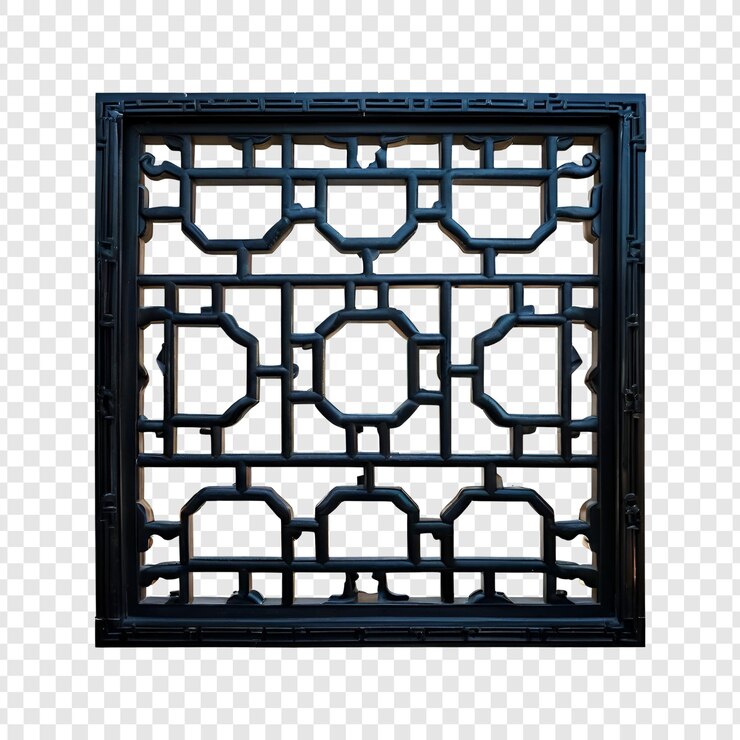PSD intricate chinese wooden window lattice panel design element isolated on transparent