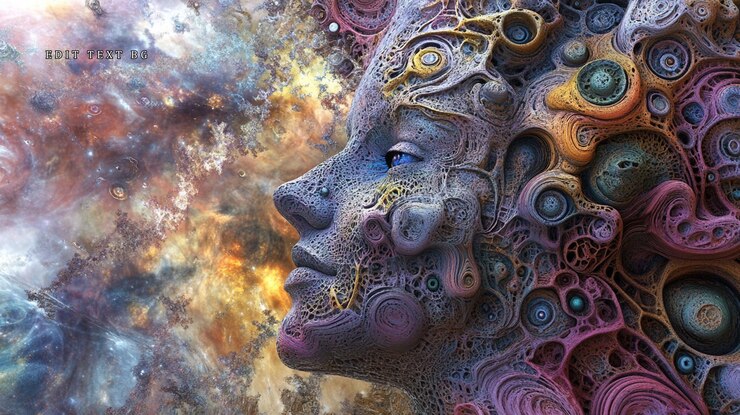 PSD intricate cosmic woman profile vibrant nebula backdrop surreal 3d art
