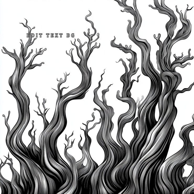 PSD intricate grayscale illustration of gnarled twisting tree branches against a white background