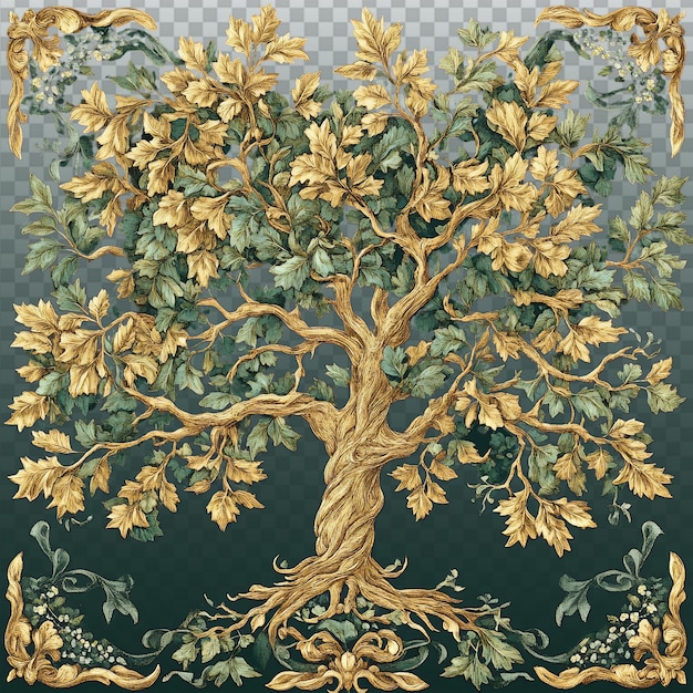 Intricate Oak Tree Design with Vines and Leaves