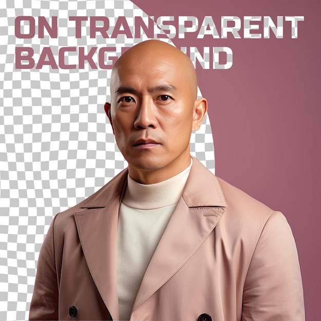 PSD intrigerende oost-aziatische man make-up artist poseert zachte blik tegen pastel beige