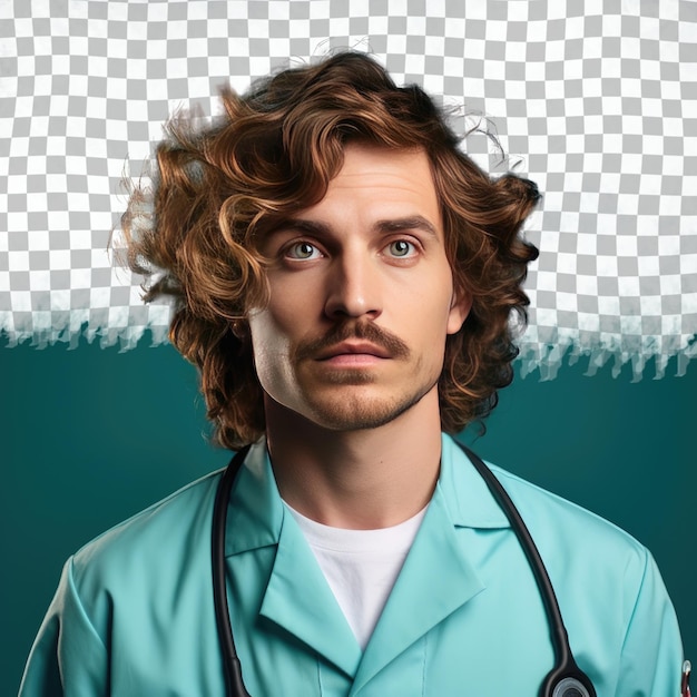 PSD a intrigued adult man with wavy hair from the slavic ethnicity dressed in paramedic attire poses in a chin on hand style against a pastel turquoise background