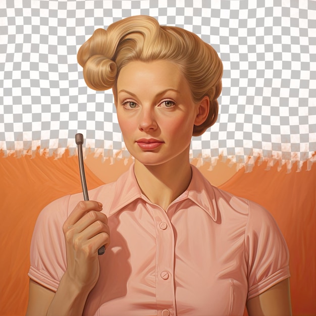 Una donna adulta intrigata con i capelli biondi dell'etnia slava vestita in abito di pittore posa in uno stile hand brushing through hair contro uno sfondo di albicocche pastello