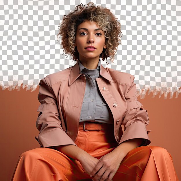 PSD intrigued curly haired scandi woman landscape architect in serene sitting pose on pastel salmon background