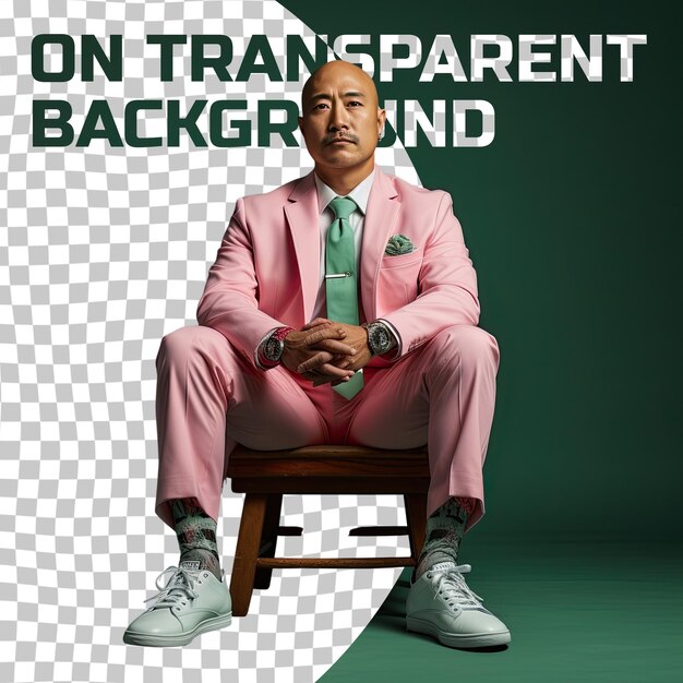 PSD a intrigued middle aged man with bald hair from the east asian ethnicity dressed in school counselor attire poses in a seated pose with crossed legs style against a pastel mint background