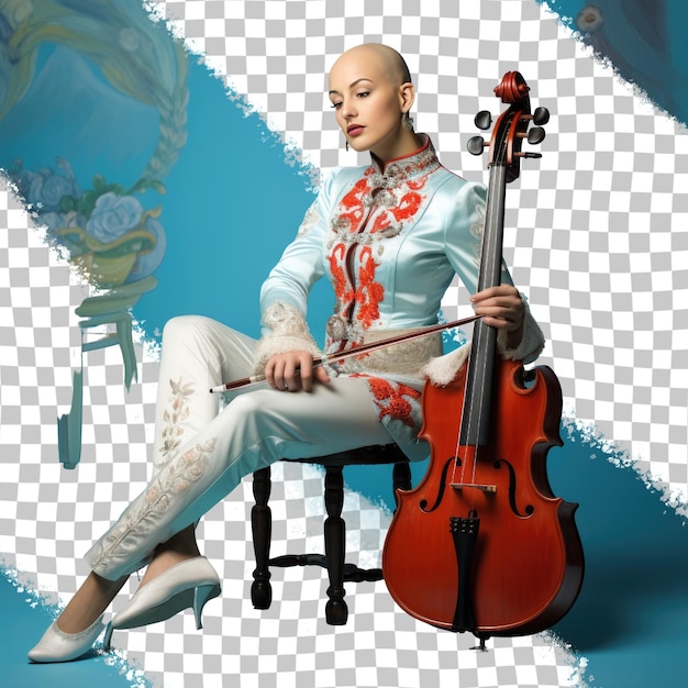 PSD a intrigued young adult woman with bald hair from the uralic ethnicity dressed in playing musical instruments attire poses in a sitting with one leg bent style against a pastel blue backgro