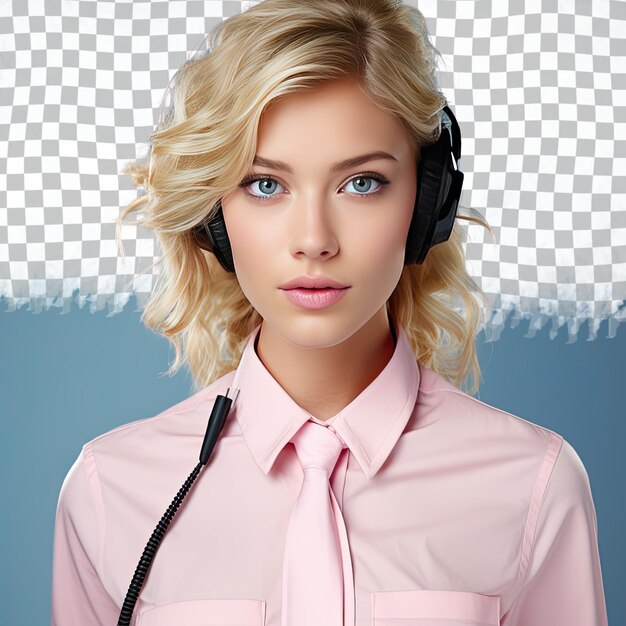 PSD a intrigued young adult woman with blonde hair from the mongolic ethnicity dressed in call center representative attire poses in a dramatic look upwards style against a pastel periwinkle bac