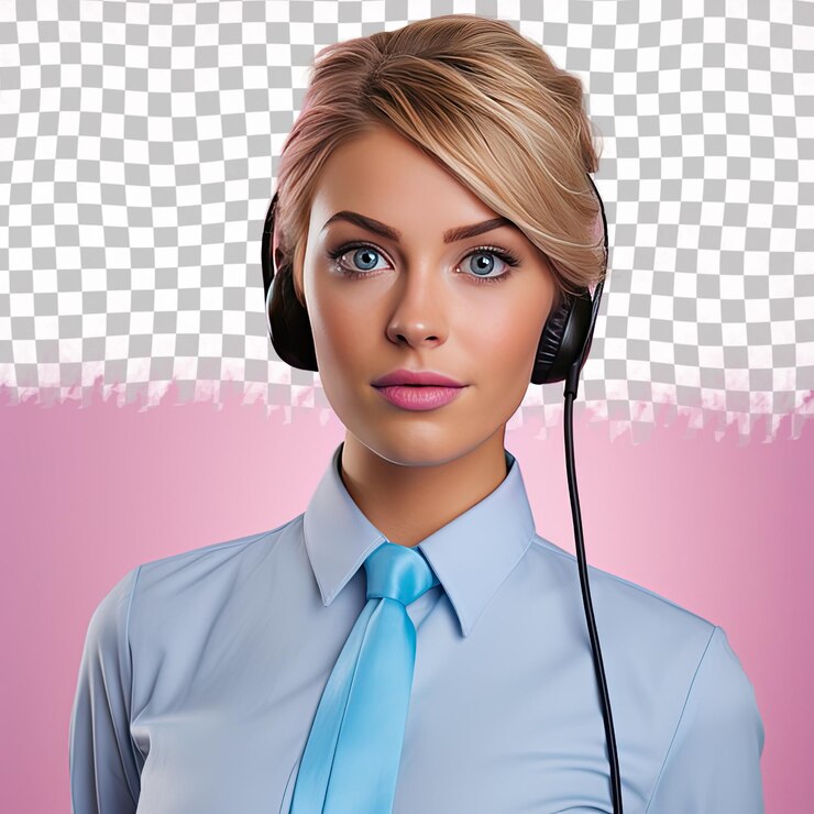 PSD a intrigued young adult woman with blonde hair from the mongolic ethnicity dressed in call center representative attire poses in a dramatic look upwards style against a pastel periwinkle bac
