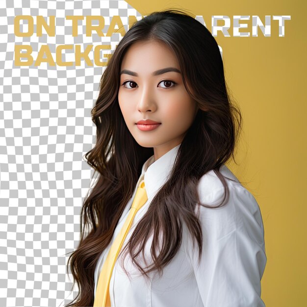 PSD a intrigued young adult woman with long hair from the asian ethnicity dressed in podiatrist attire poses in a soft gaze with tilted head style against a pastel lemon background