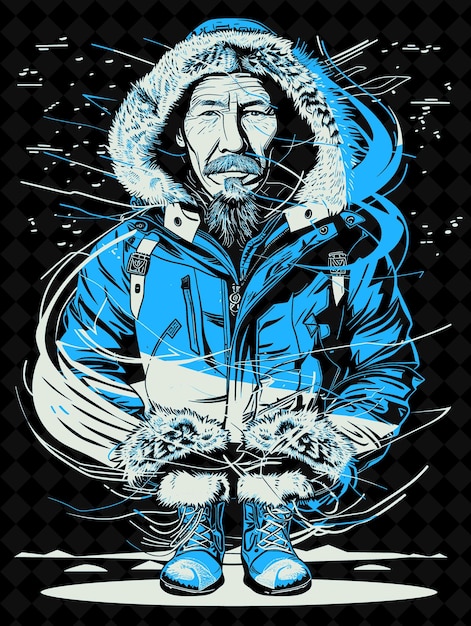 PSD inuit man portrait wearing a parka and sealskin boots and a vivid color design png collections