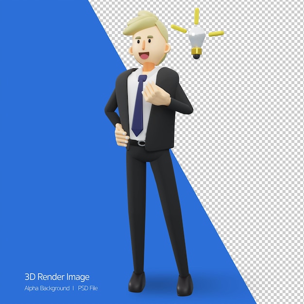 アイデアの概念を発明する電球3dレンダリング漫画イラストでビジネスマンの全長